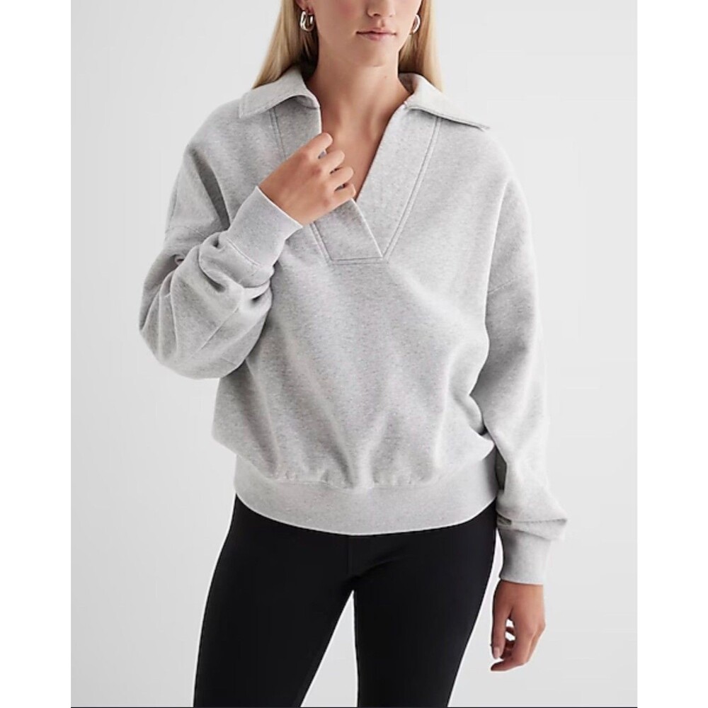 Express Relaxed V-Neck Fleece Polo Sweatshirt Women’s L Gray Oversized